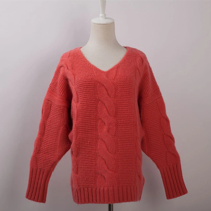 Wool-Blend-Yarn-Knitted-V-Neck-Jacquard-Cable-Knit-Sweater
